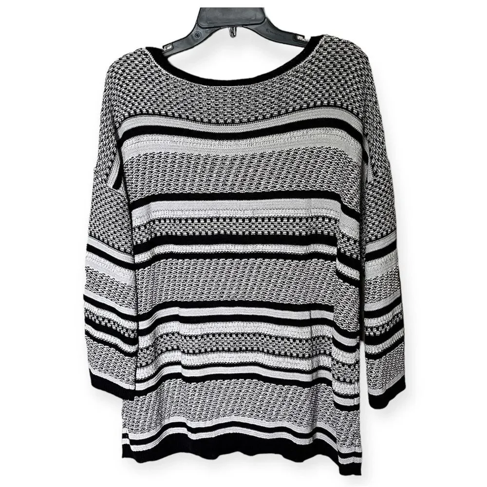 J. Jill Black and Cream Striped 3/4 Sleeve Oversized Chunky Knit Sweater Size L